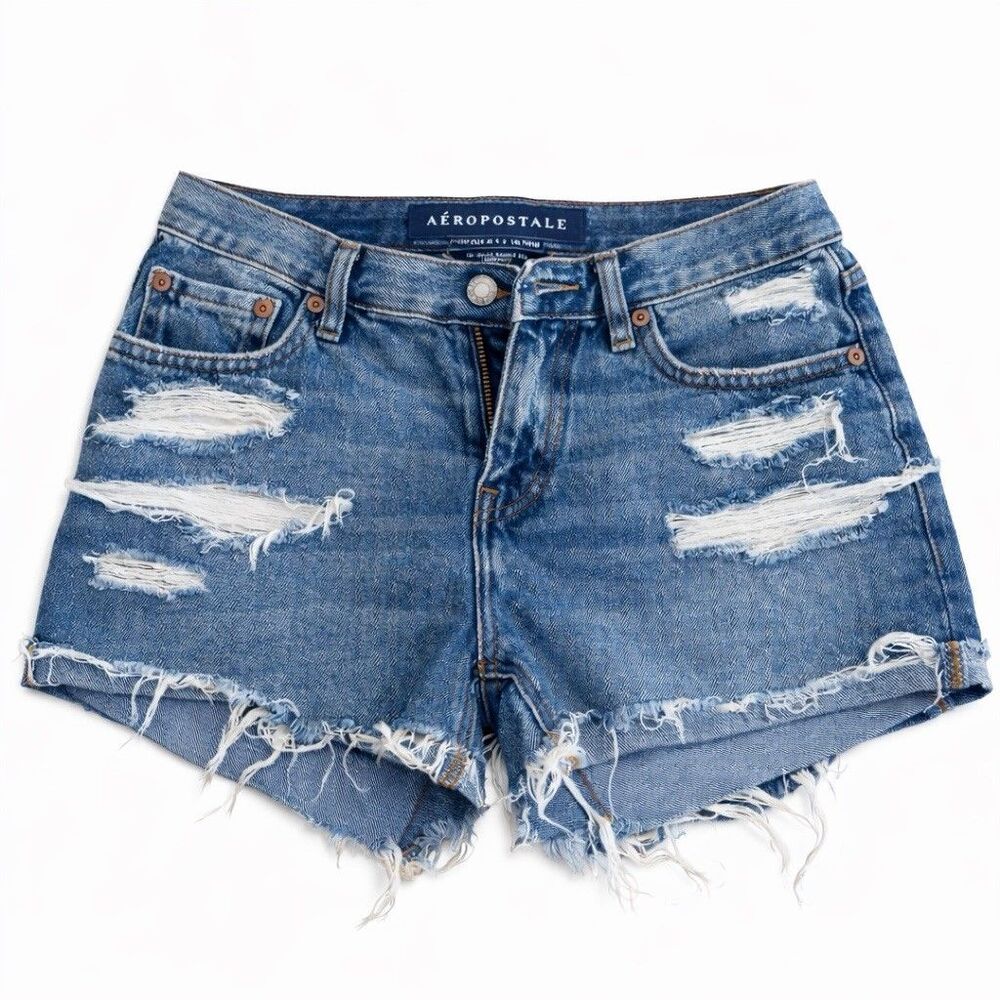 Aeropostale Vintage High Rise Shorty Denim Shorts Size 6 Distressed Raw Hem